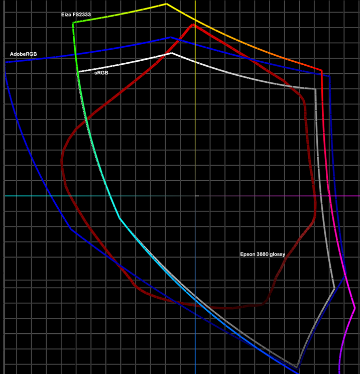 Confronto gamut 2D: Eizo FS2333 vs sRGB vs AdobeRGB